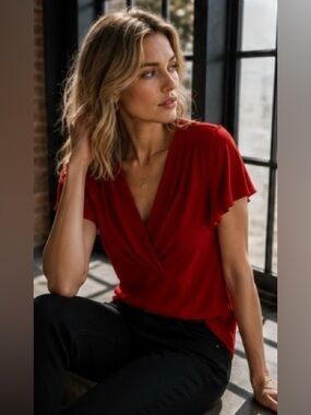 White House Black Market Red Surplice Flutter Sleeve Blouse